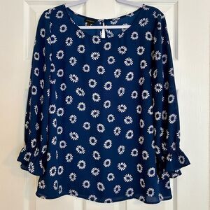 Talbots Top L Navy Daisy Print Blouse Floral Ruffle Sleeve Blouse Cottagecore